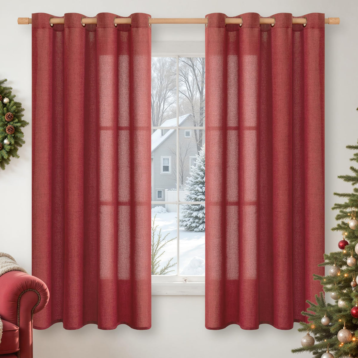 YoungsTex Linen Semi Sheer Curtains 63 Inch Length, Light Filtering Drapes