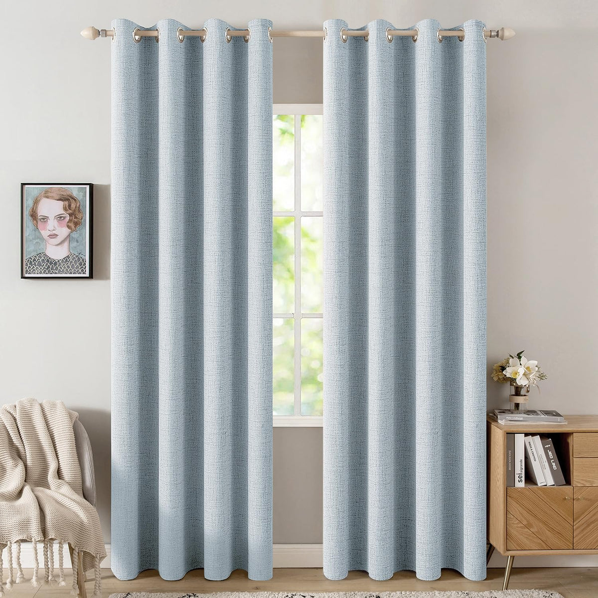 MIULEE 100% Blackout Linen Curtains for Bedroom 52x84 Inches Dusty Blue
