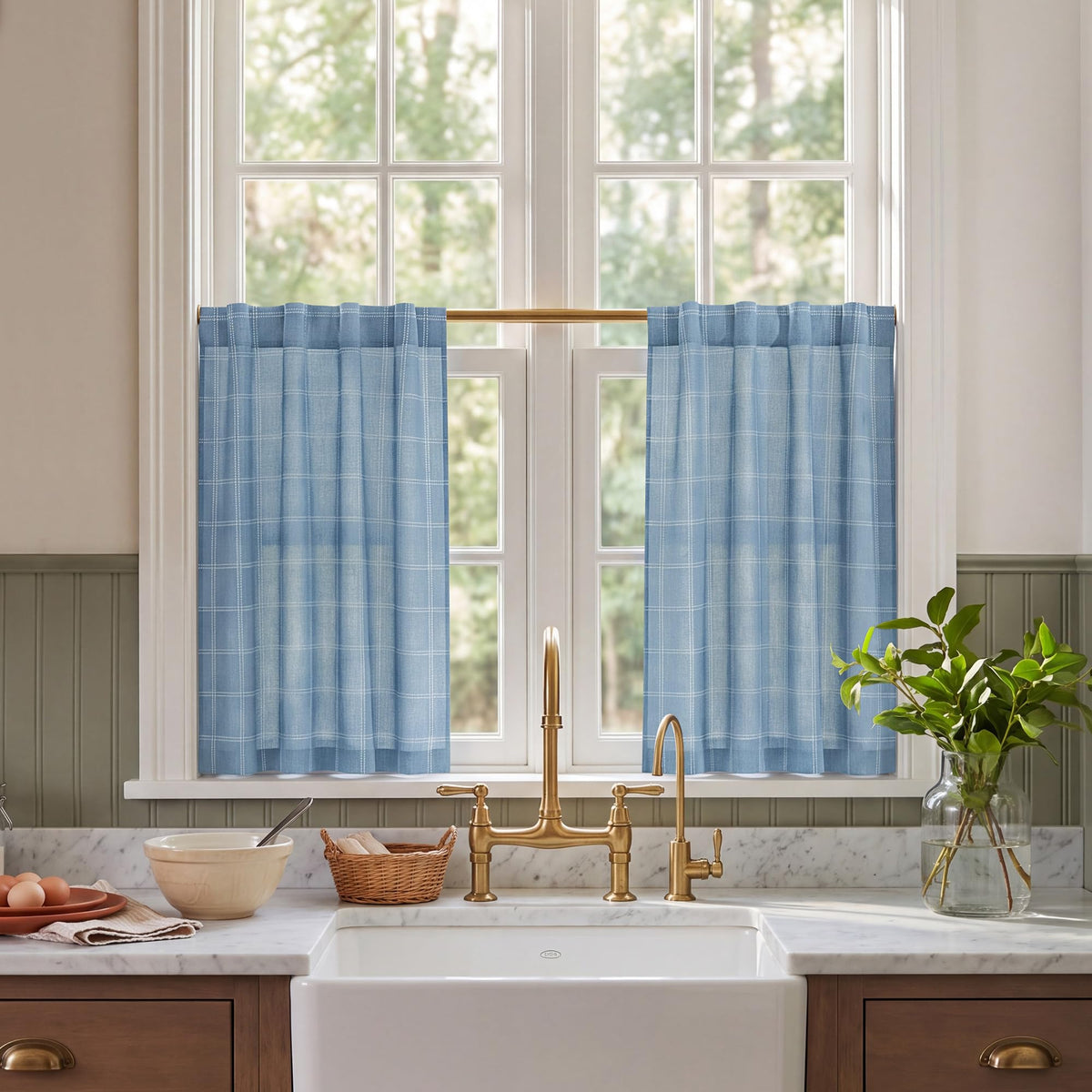 NICETOWN Moss Green Linen Plaid Curtains 96 inches Long for Bedroom