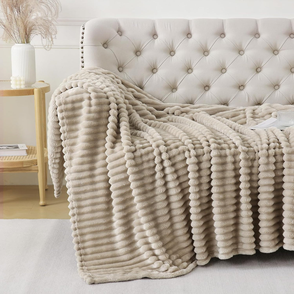 Khaki Throw Blanket for Couch Sofa 50x60 inches Striped Design