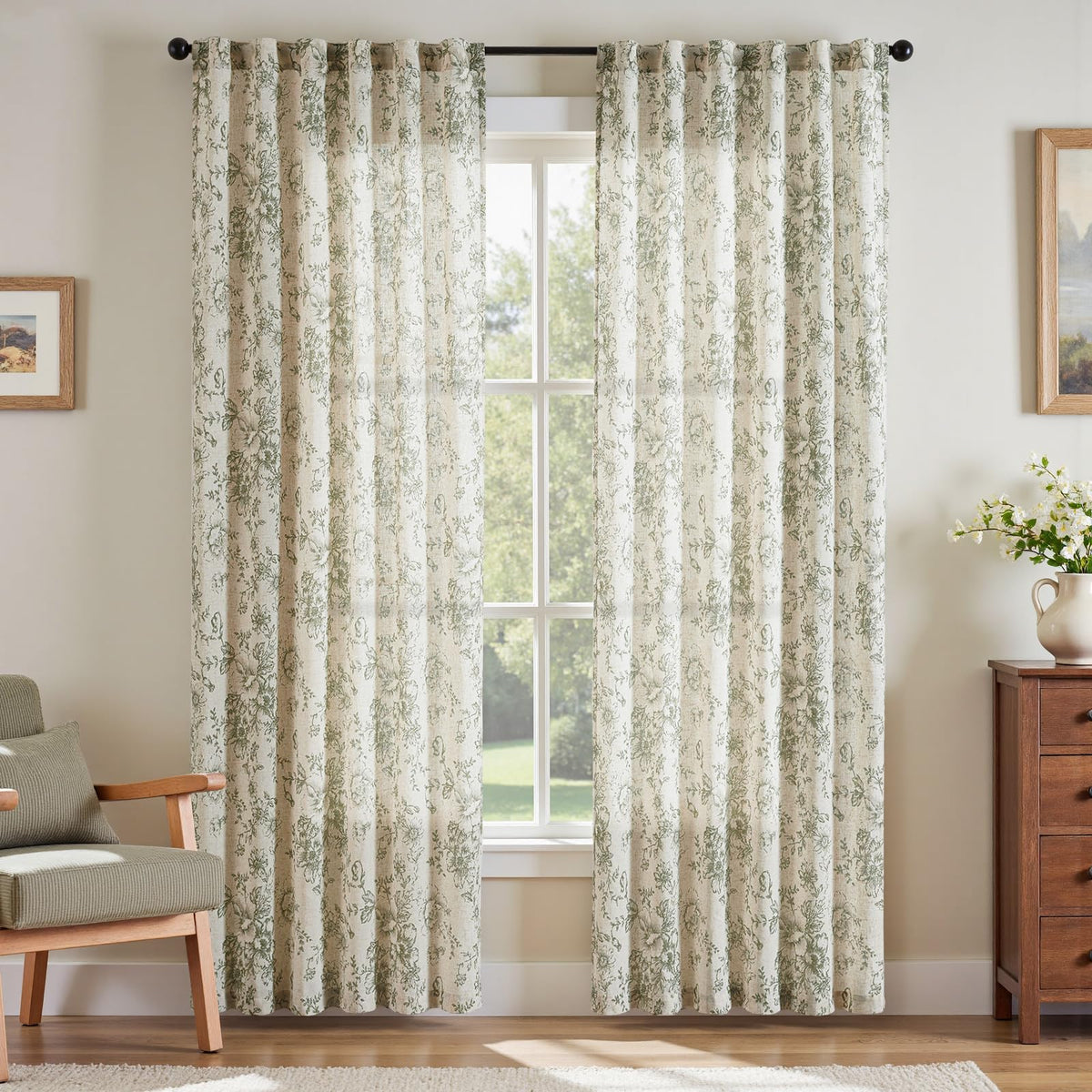 jinchan Vintage Floral Linen Curtains 84 Long for Living Room 2 Panels