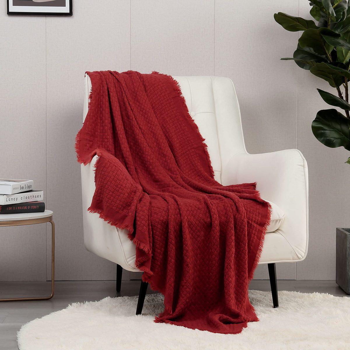 CREVENT Farmhouse Boho Knitted Throw Blanket for Couch Sofa Chair Bed Home Decoration, Soft Warm Cozy Light Weight for Spring Summer Fall (50''X60'' Off White/Ivory/Cream)