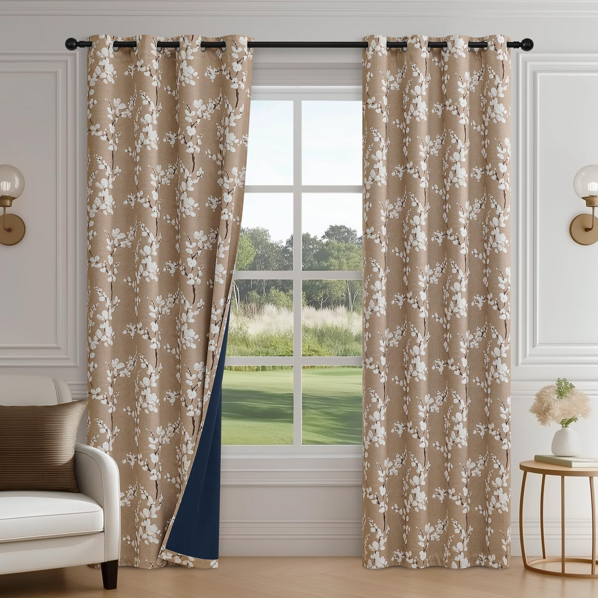 FMFUNCTEX Blue Blackout Floral Curtains, Bedroom, 100X84 Inches, 1 Panel