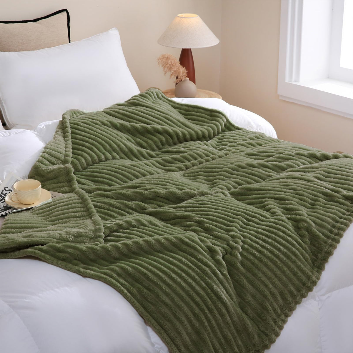 Sage Green Fleece Throw Blanket 50”×60” for Couch Sofa Livingroom