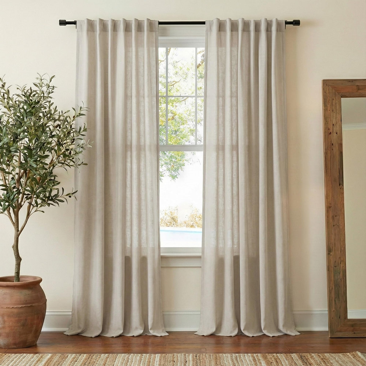 NICETOWN Flax Sheer Linen Curtains for Living Room 95 inch Long 2 Panels, Rod Pocket & Back Tab Semi Sheer Drapes Privacy Added with Light Filtering for Bedroom/Living Room, Natural, W55 x L95