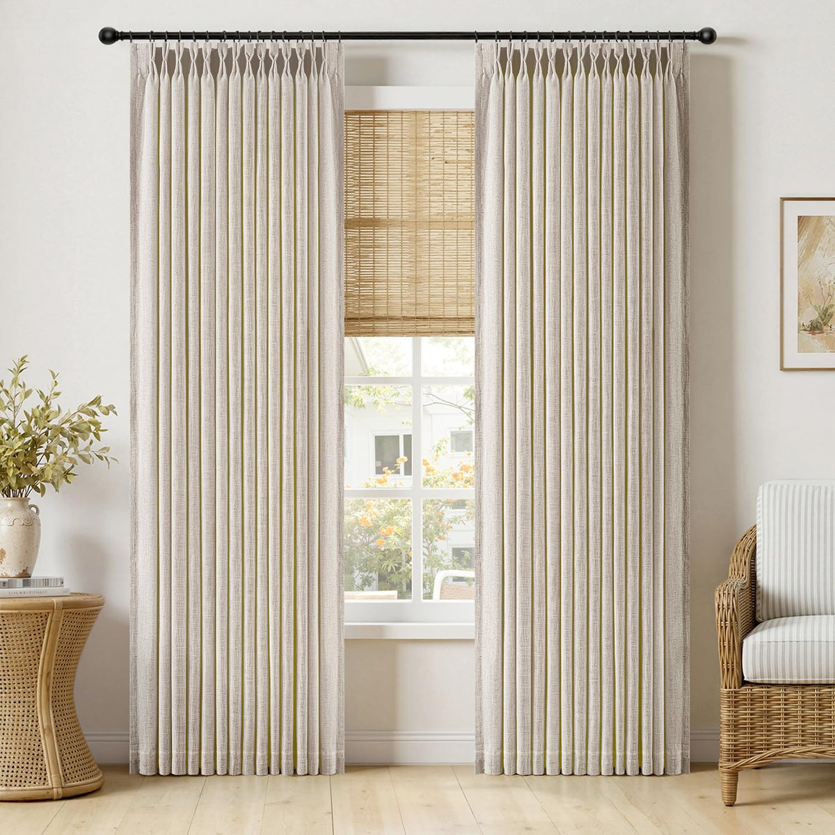MIULEE Pinch Pleated Linen Curtains 96 Inches Long Beige White 2 Panels