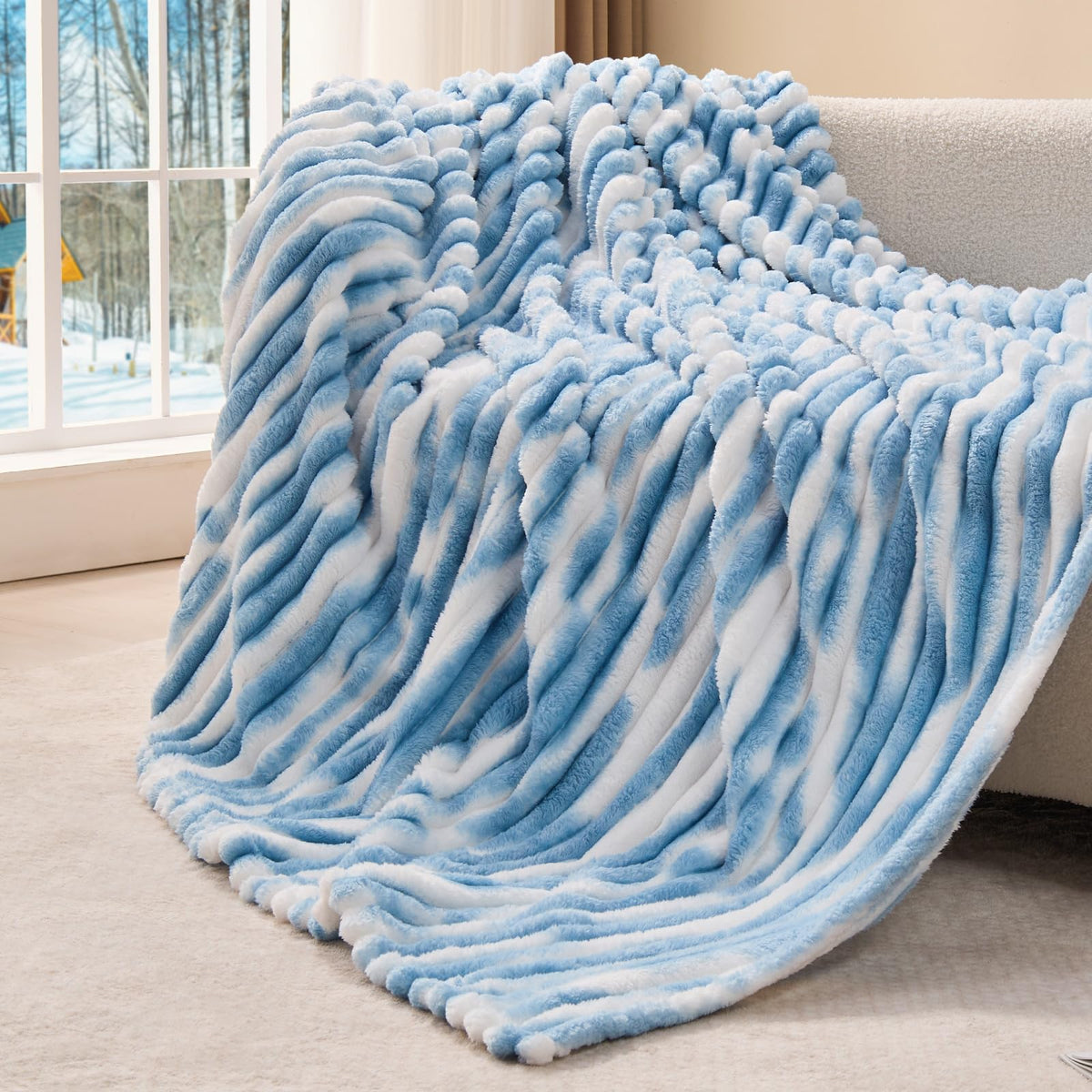 BEDELITE Ribbed Fleece Throw Blanket for Couch, Cream, 50"x60"