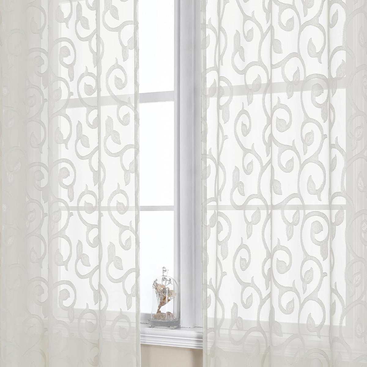 OWENIE Furman Ivory Sheer Curtains 84 inches Long for Bedroom Living Room 2 Panels Set, Jacquard Clip Light Filtering Semi Sheer Curtain Rod Pocket Window Drapes, 2 Pcs Each 40 W 84 L