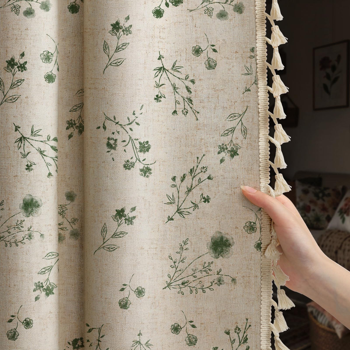 Boho Floral 100% Blackout Curtains 84 Inch 2 Panels Linen Texture