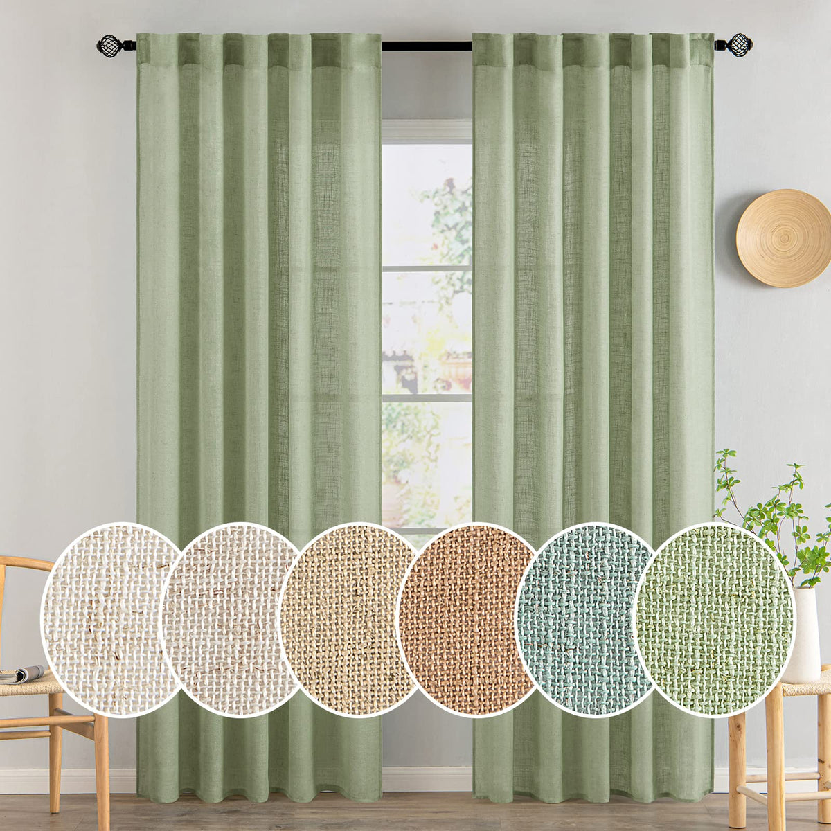 MIULEE Natural White Linen Curtains 52x90 Inch Long 2 Panels for Bedroom