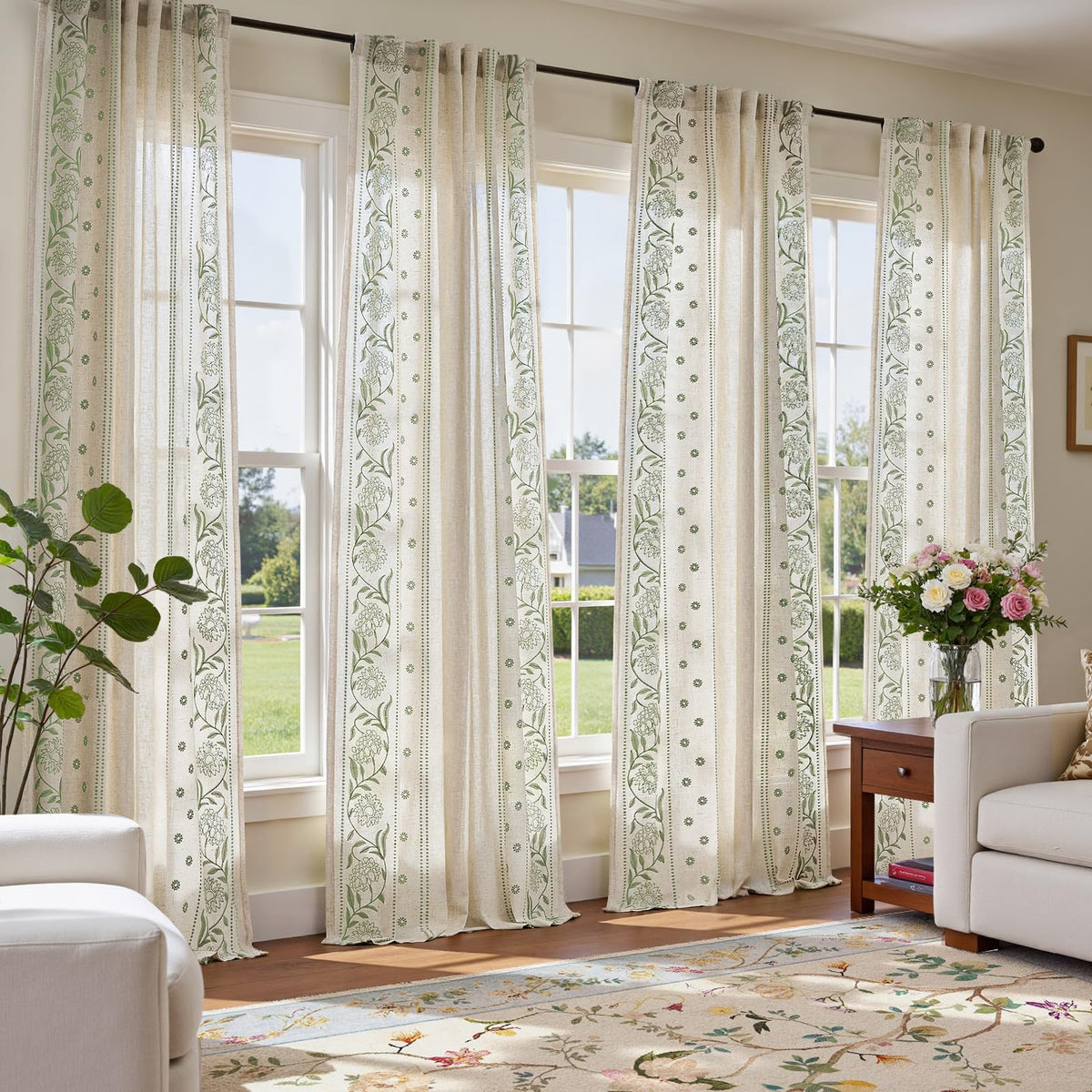 jinchan Sage Floral Linen Curtains for Living Room 84" Back Tab 2 Panels