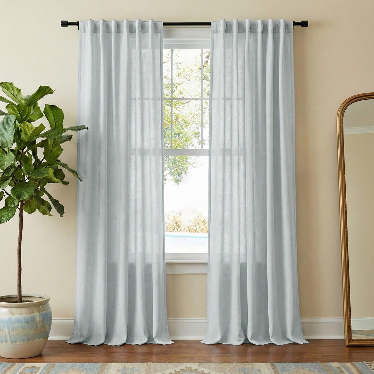 NICETOWN Flax Sheer Linen Curtains for Living Room 95 inch Long 2 Panels, Rod Pocket & Back Tab Semi Sheer Drapes Privacy Added with Light Filtering for Bedroom/Living Room, Natural, W55 x L95