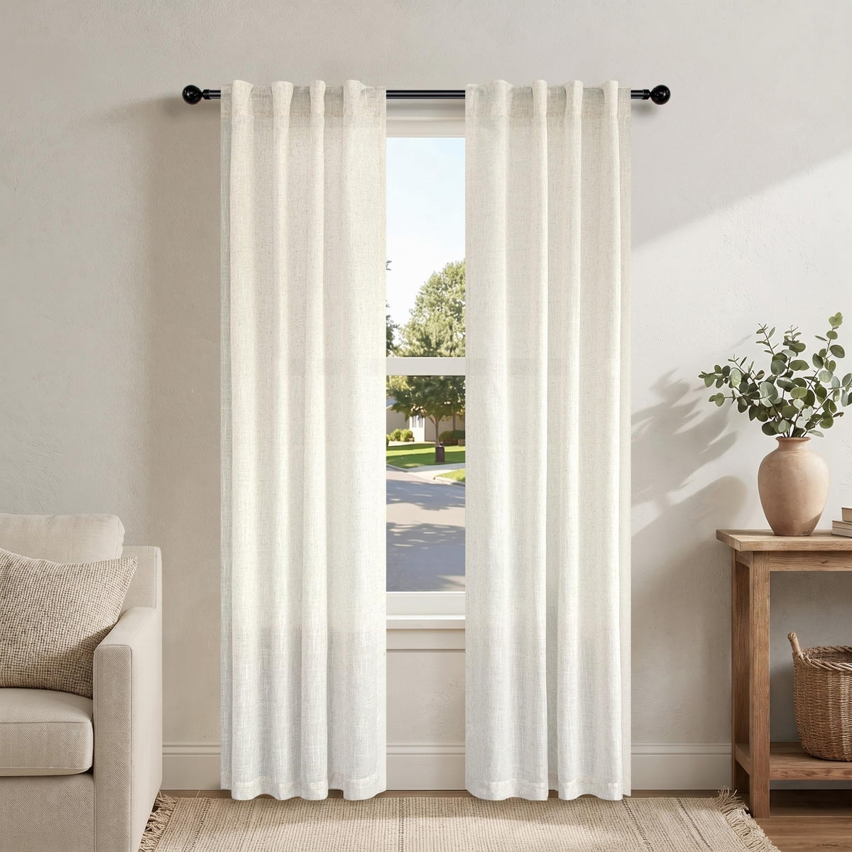 Natural Linen Back Tab Curtains 84 Inch Length for Living Room 2 Panel Pocket Drape Light Filtering Semi Sheer Neutral Country Rustic Farmhouse Boho Curtain Bedroom Muslin Look Ivory Cream Colored