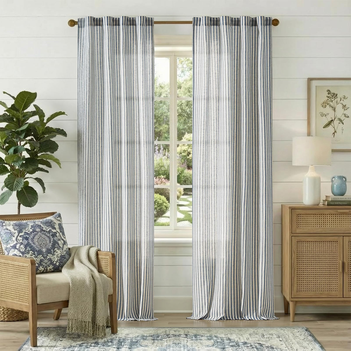 jinchan Linen Curtains 84 Inch Taupe Grey Stripe on Beige Grommet 2 Panels