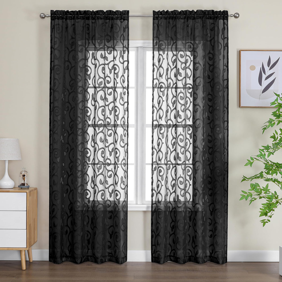 OWENIE Furman Ivory Sheer Curtains 84 inches Long for Bedroom Living Room 2 Panels Set, Jacquard Clip Light Filtering Semi Sheer Curtain Rod Pocket Window Drapes, 2 Pcs Each 40 W 84 L