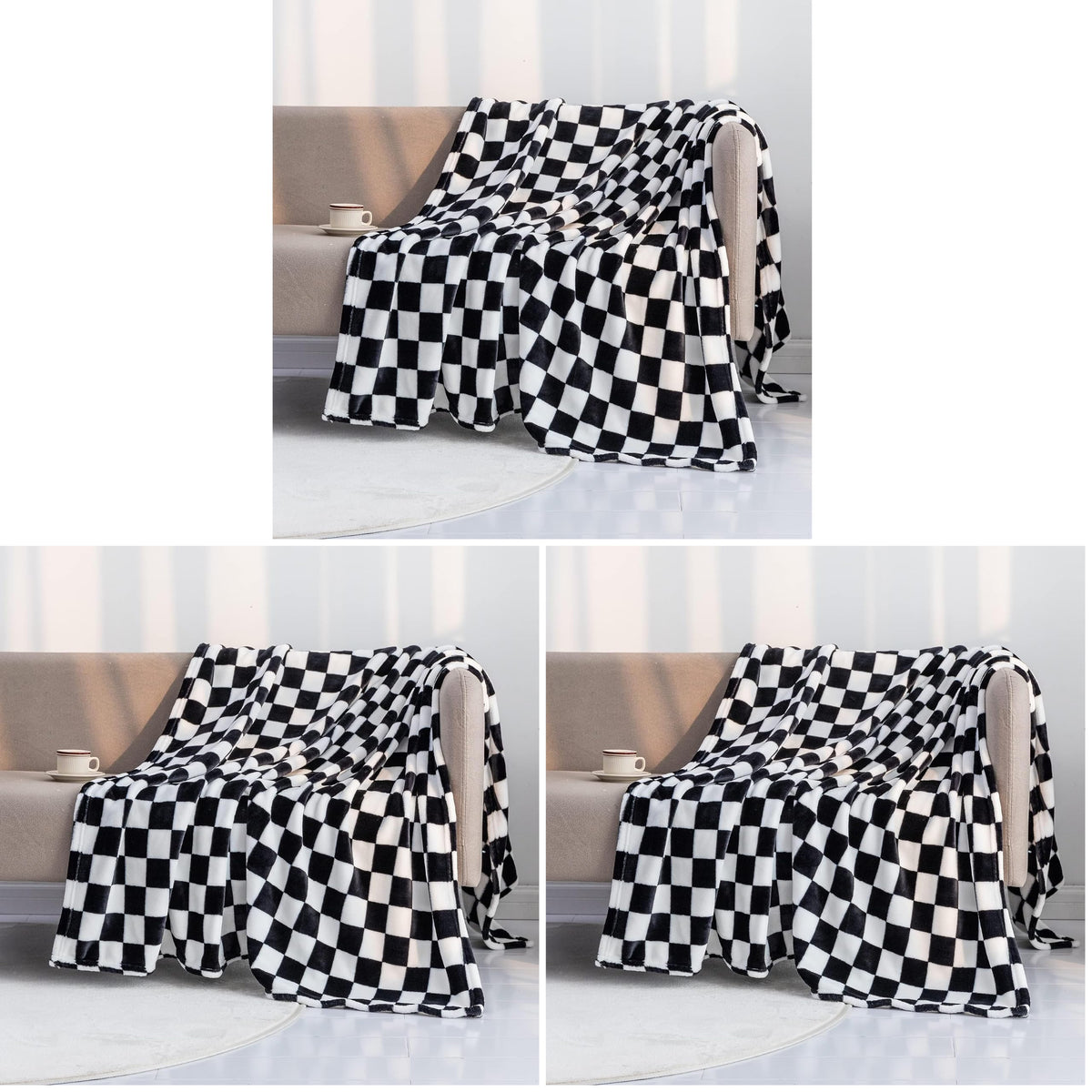 LOMAO Throw Blankets Flannel Blanket with Checkerboard Grid Pattern Soft Throw Blanket for Couch, Bed, Sofa Luxurious Warm and Cozy for All Seasons (Black, 50"x60")