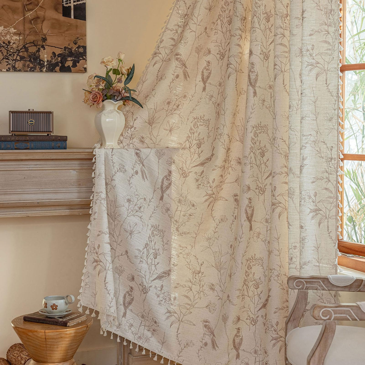ENJOYBRIDAL Floral Curtains 84 Inch Long Living Room Boho Drapes Bedroom 2 Panels Semi Sheer Floor Length Window Curtain Panels Vintage Rod Pocket Tassel Farmhouse Nursery Window Treatments