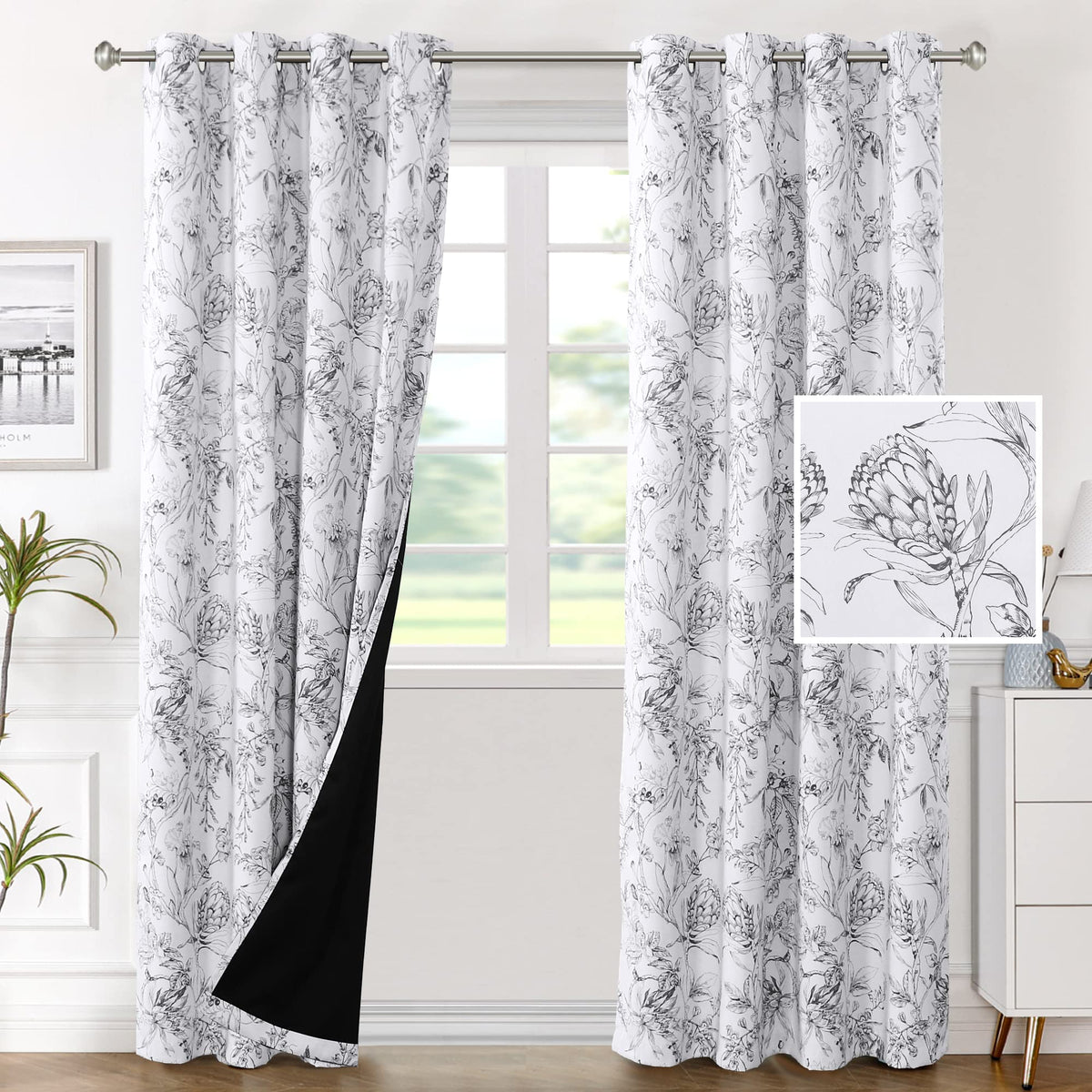 H.VERSAILTEX 100% Blackout Curtains 84 inch Length 2 Panels Set Cattleya Floral Printed Drapes Leah Floral Thermal Curtains for Bedroom with Black Liner Sound Proof Curtains, Grey and Taupe