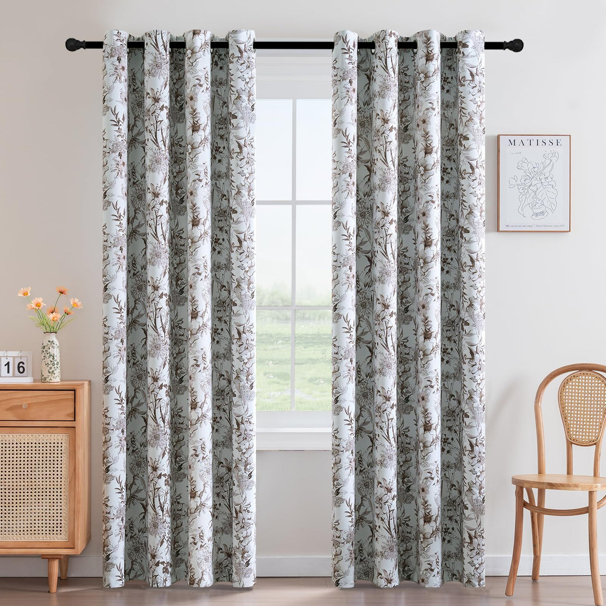 H.VERSAILTEX Blackout Curtains 84 Inch Length 2 Panels Set Floral Print Curtain Drapes for Living Room Thermal Insulated Grommet Window Curtains for Bedroom - Traditional Floral in Sage and Brown