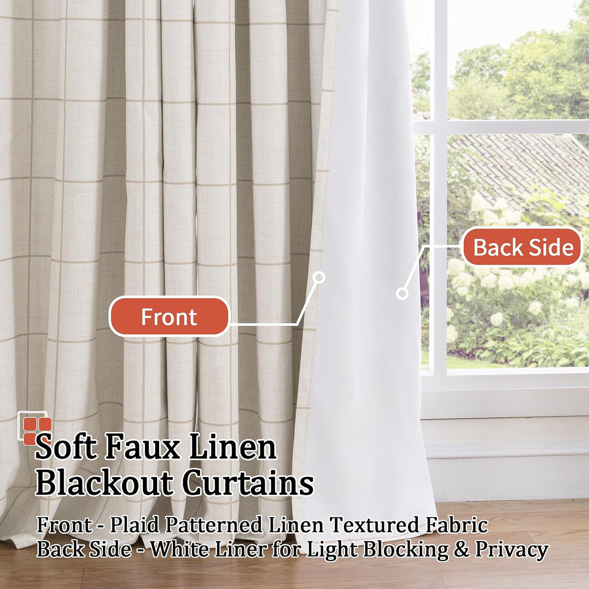 Lajode Linen Blackout Curtains - Boho Plaid 52x84 Inch 2 Panels, Natural