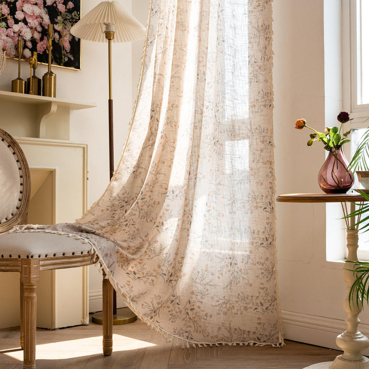 ENJOYBRIDAL Floral Curtains 84 Inch Long Living Room Boho Drapes Bedroom 2 Panels Semi Sheer Floor Length Window Curtain Panels Vintage Rod Pocket Tassel Farmhouse Nursery Window Treatments