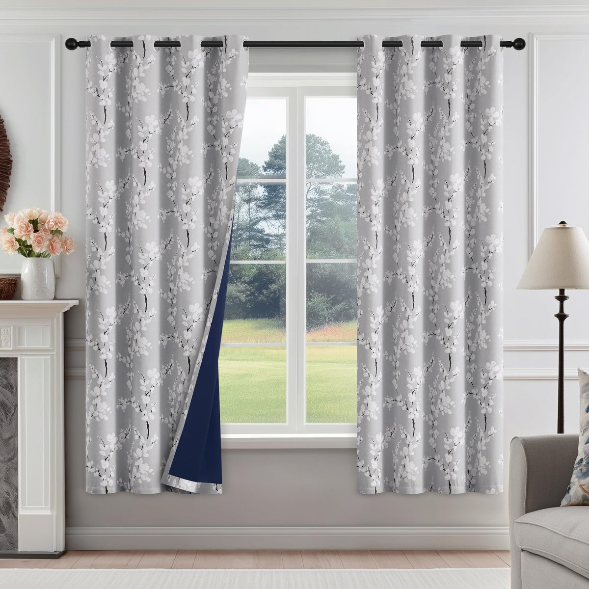 FMFUNCTEX Blue Blackout Floral Curtains, Bedroom, 100X84 Inches, 1 Panel