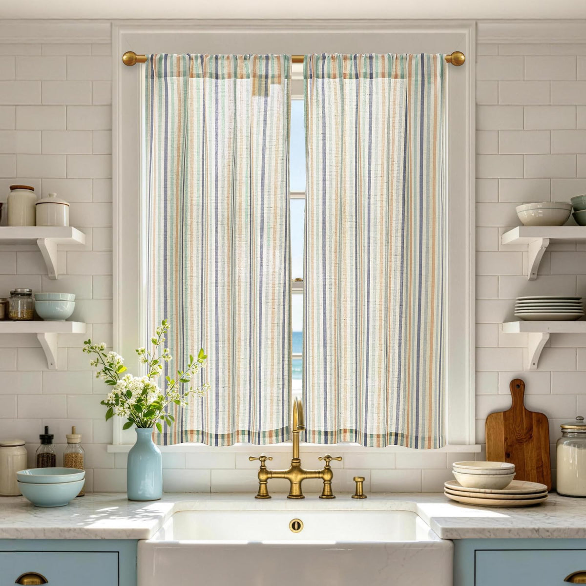 jinchan Striped Linen Kitchen Curtains 36 Inches Length Tier Curtains Farmhouse Modern Cafe Style Small Window Treatments Airy Light Filtering Rod Pocket for Living Room Bathroom 2 Panels Sage Green