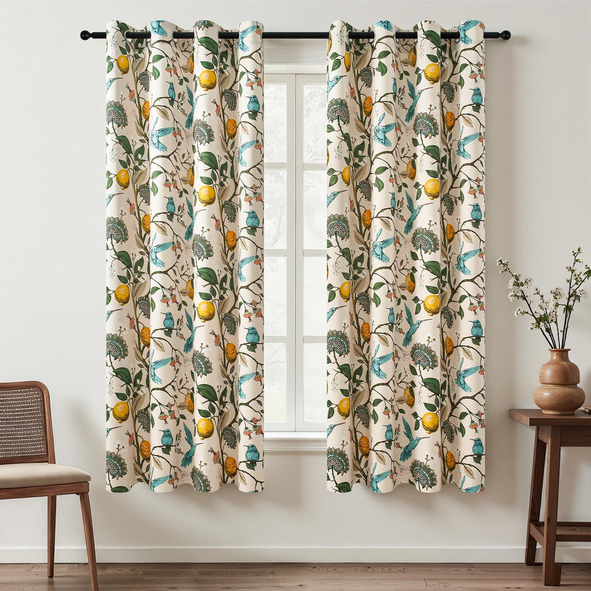 Topfinel Mustard Yellow Vintage Curtains & Drapes 84 Inches Long, Grommet Luxury Whimsical Floral Lemon Hummingbird Patterned Waverly Mid Century Colorful Blackout Drapes for Living Room Bedroom