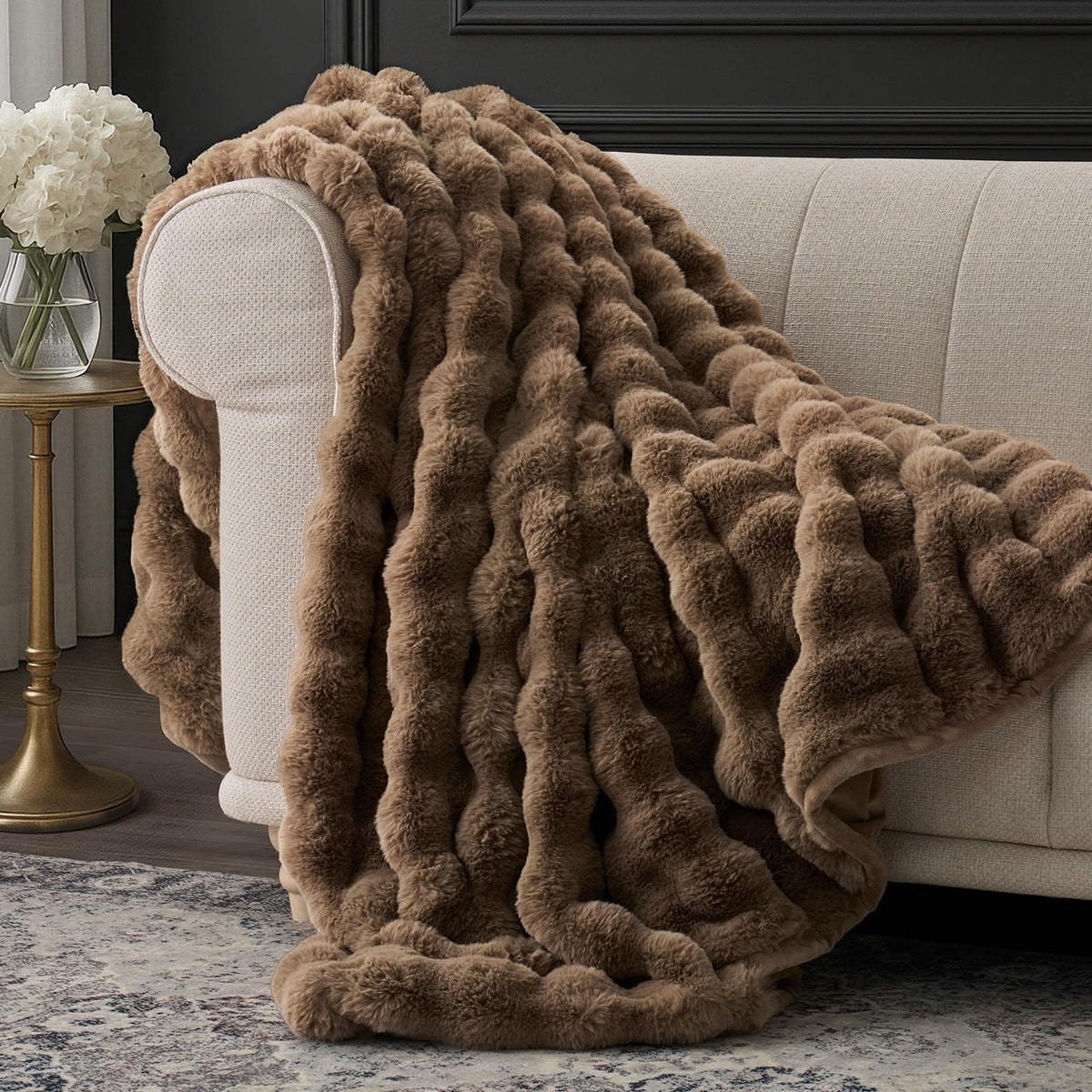 EverGrace Faux Rabbit Fur Bubble Throw Blanket, 60"x80", Ivory White