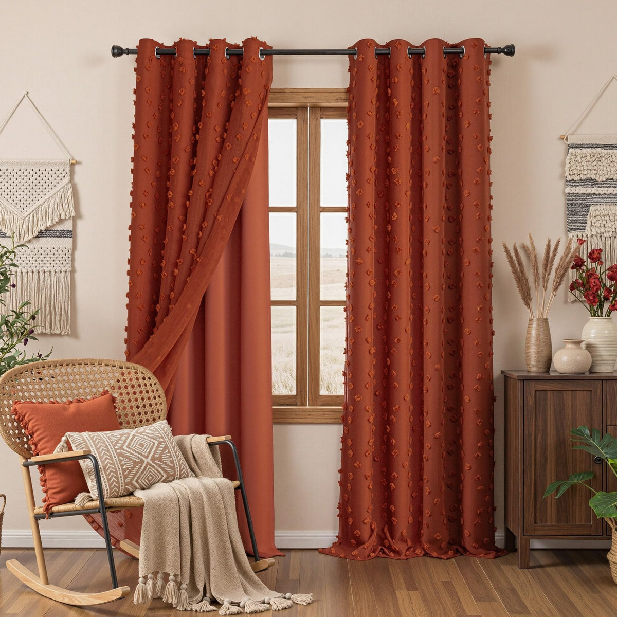 MYSKY HOME Beige Boho Curtains for Living Room 84 Inches Long Blackout Bohemian Curtains 2 Panels Beige Pom Pom Sheer Thermal Insulated Rustic Grommet Privacy Room Darkening Window Drapes 52" x 84"