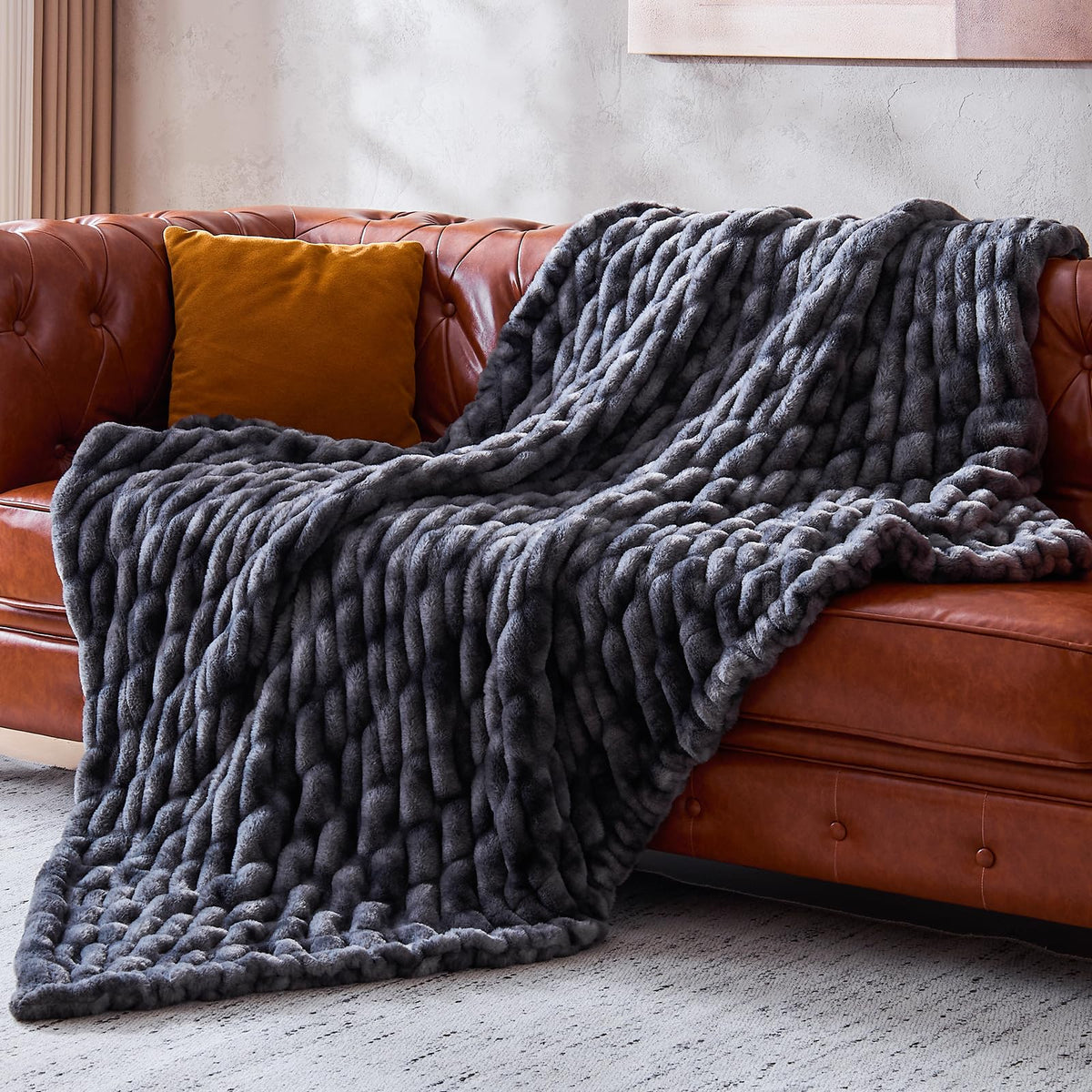 Double Sided Ruched Faux Rabbit Fur Throw Blanket,50x60 CaramelCream