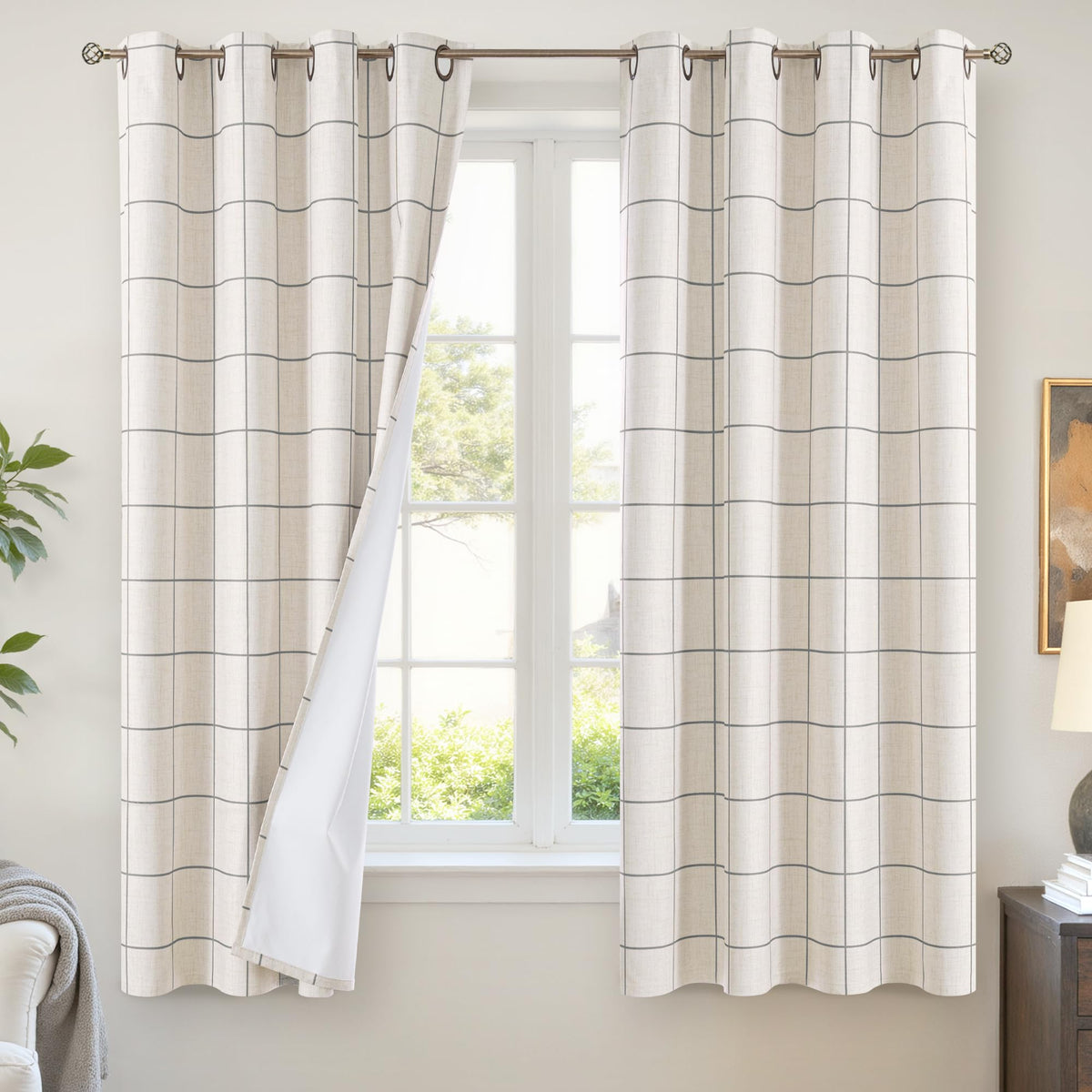 Lajode Linen Blackout Curtains - Boho Plaid 52x84 Inch 2 Panels, Natural