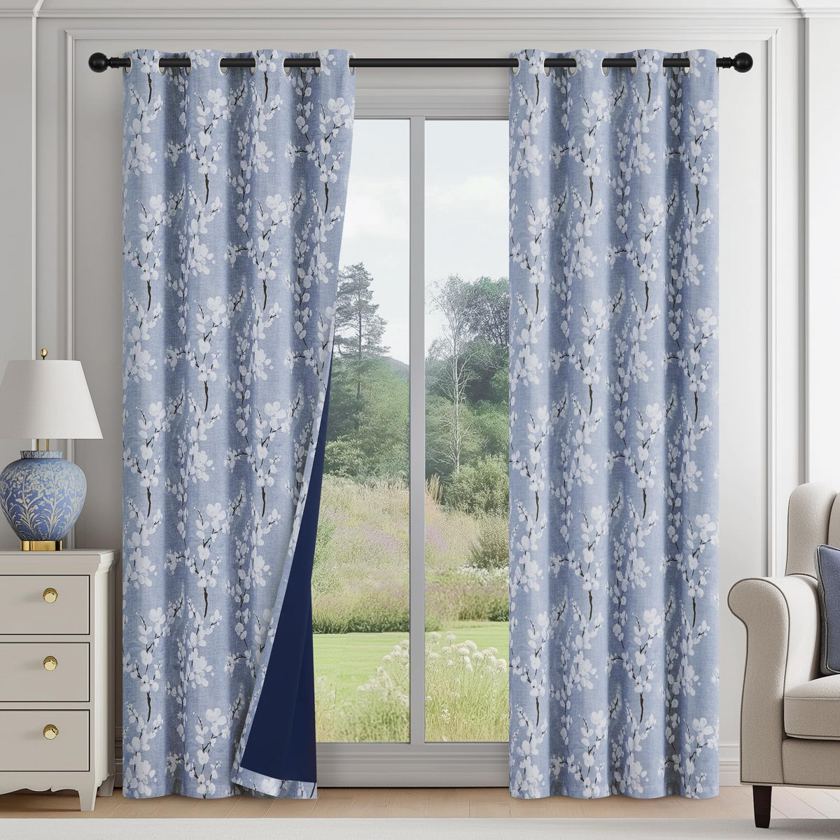 FMFUNCTEX Blue Blackout Floral Curtains, Bedroom, 100X84 Inches, 1 Panel