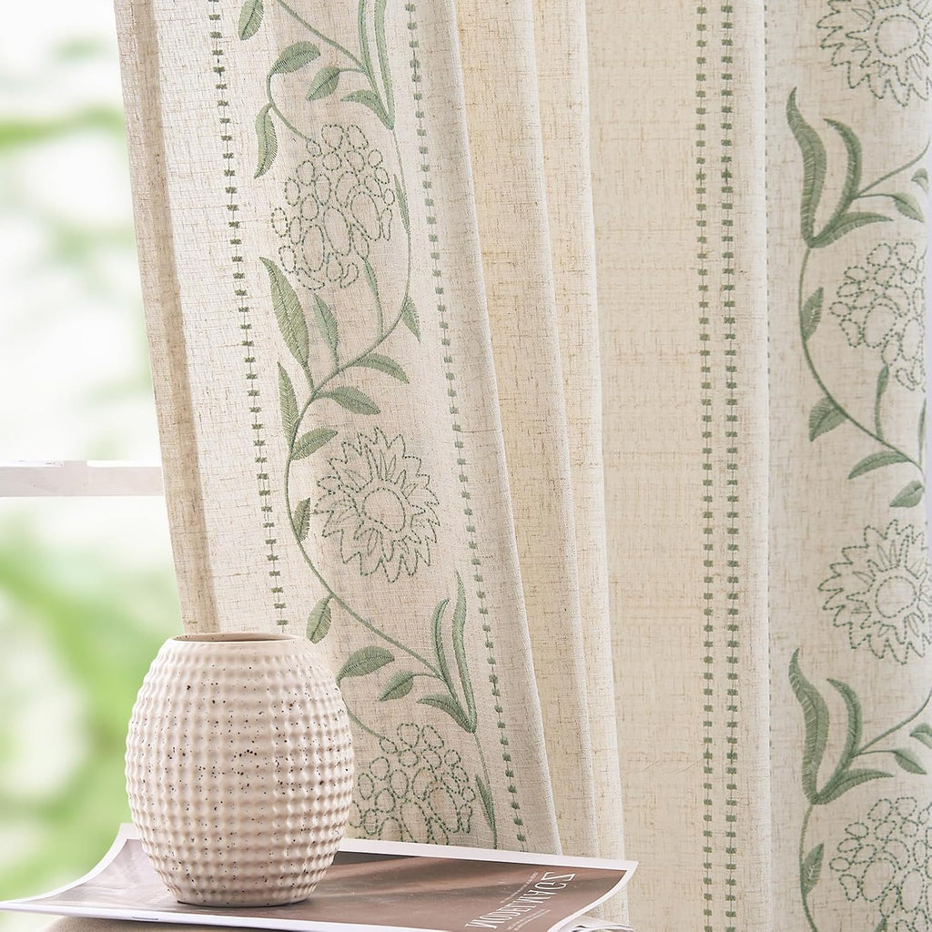 jinchan Sage Floral Linen Curtains for Living Room 84" Back Tab 2 Panels