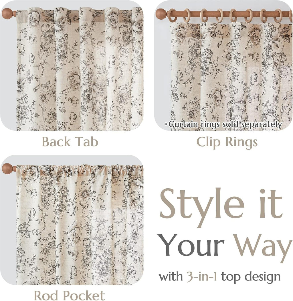 jinchan Vintage Floral Linen Curtains 84 Long for Living Room 2 Panels
