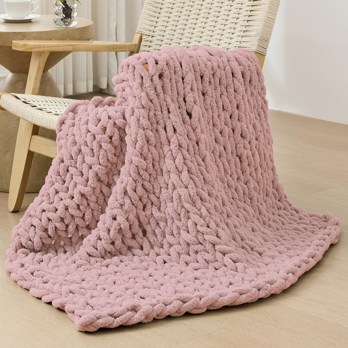 Bigacogo Chunky Knit Throw Blanket for Couch, 40x60 inches, Beige