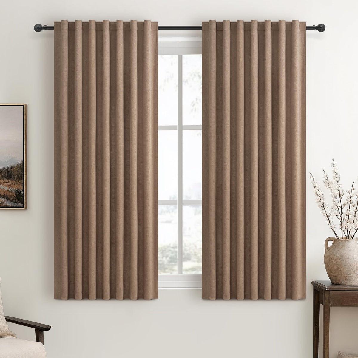 100% Blackout Curtains 84 Inch Length 2 Panels Set Farmhouse Style for Bedroom Windows/Living Room Thermal Insulated Neutral Boho Drapes Linen Blend Natural Ivory 7ft Long Hook Belt Pleated/Back Tab