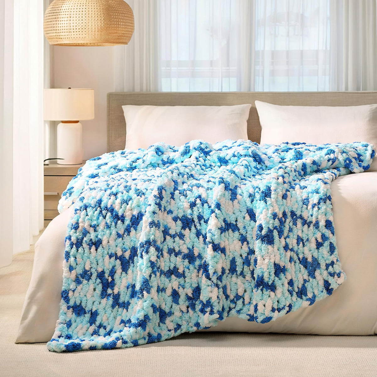 L'AGRATY Chunky Knit Throw Blanket for Couch, 50'' x 60'' Knit Throw, Ivory