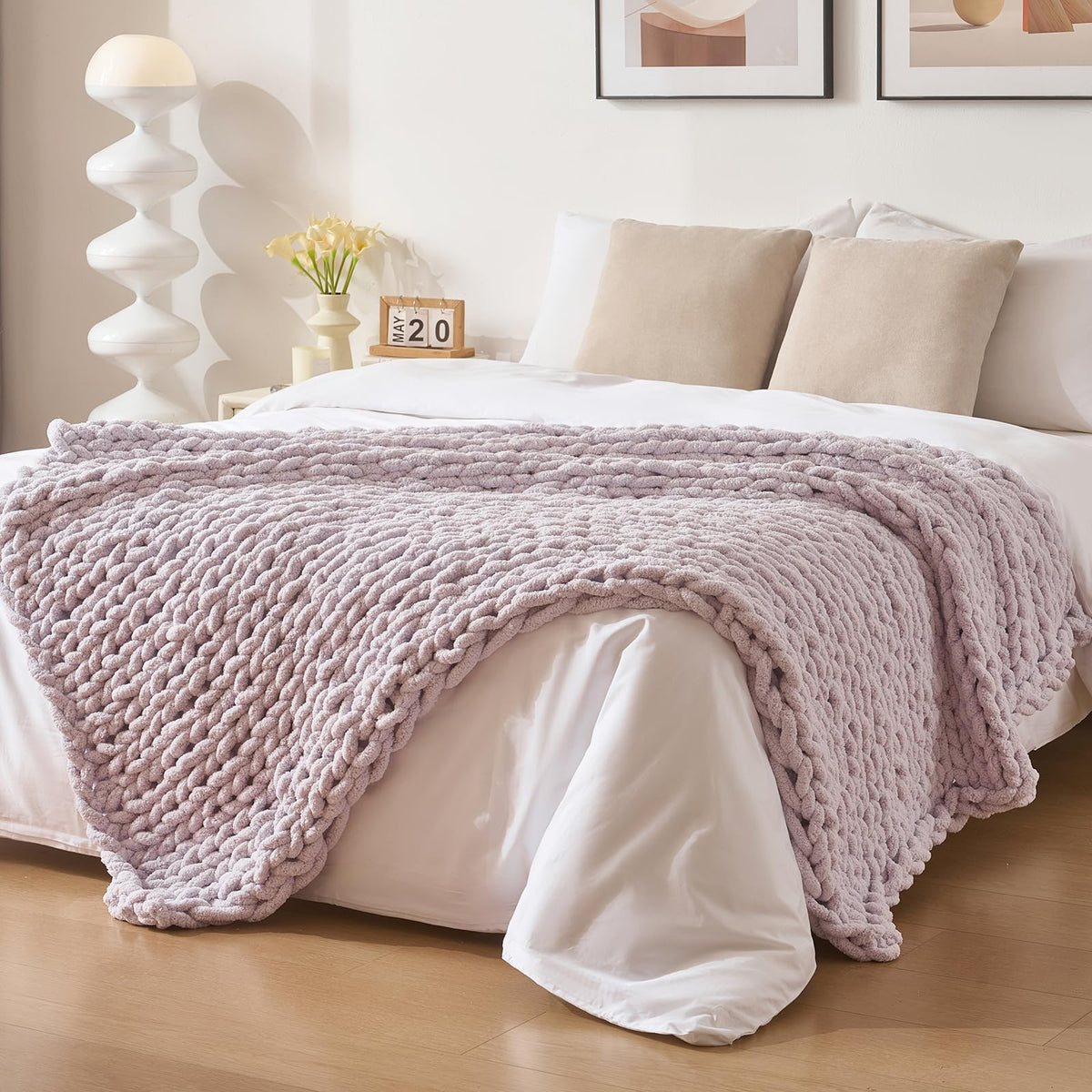 Bigacogo Chunky Knit Throw Blanket for Couch, 40x60 inches, Beige
