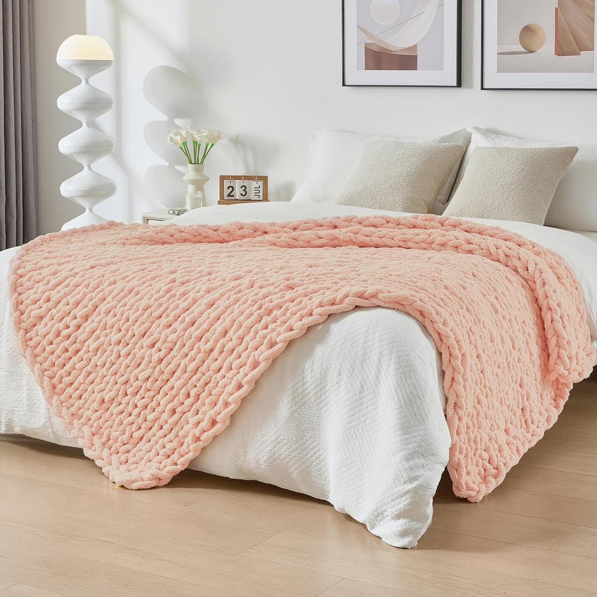 Bigacogo Chunky Knit Throw Blanket for Couch, 40x60 inches, Beige