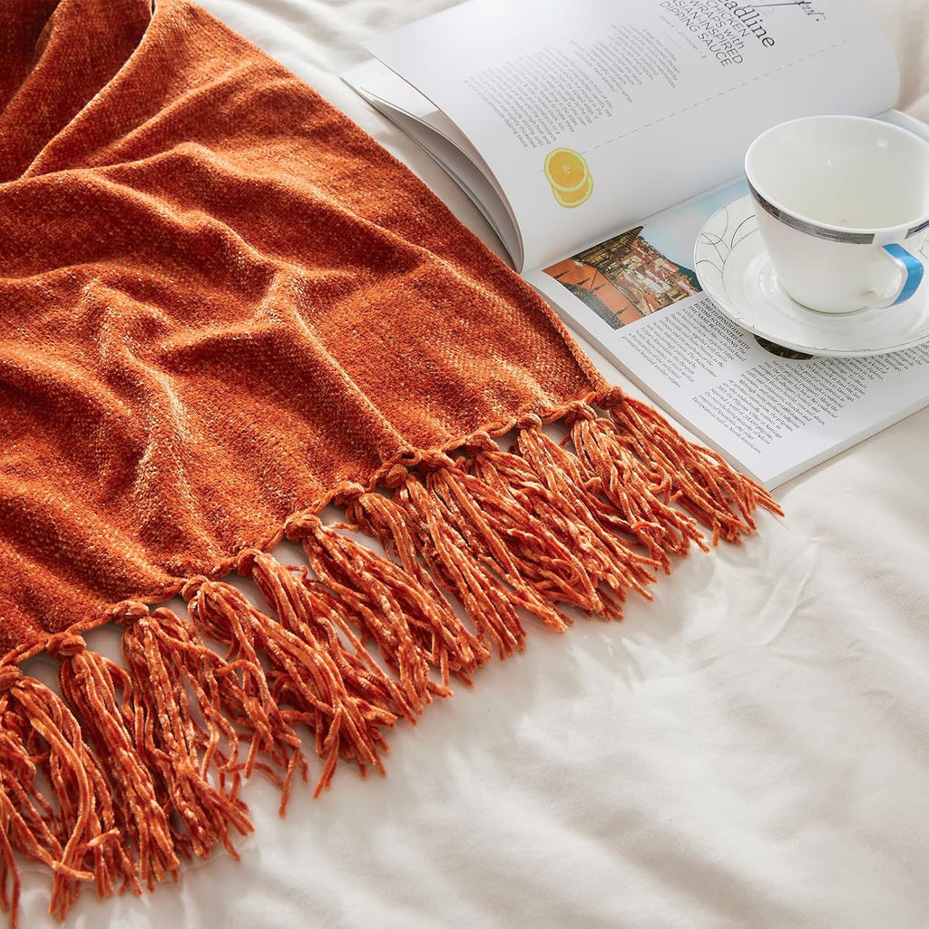 CozeCube Chenille Throw Blanket, Rust Orange Fringe Blanket, 50"X60"