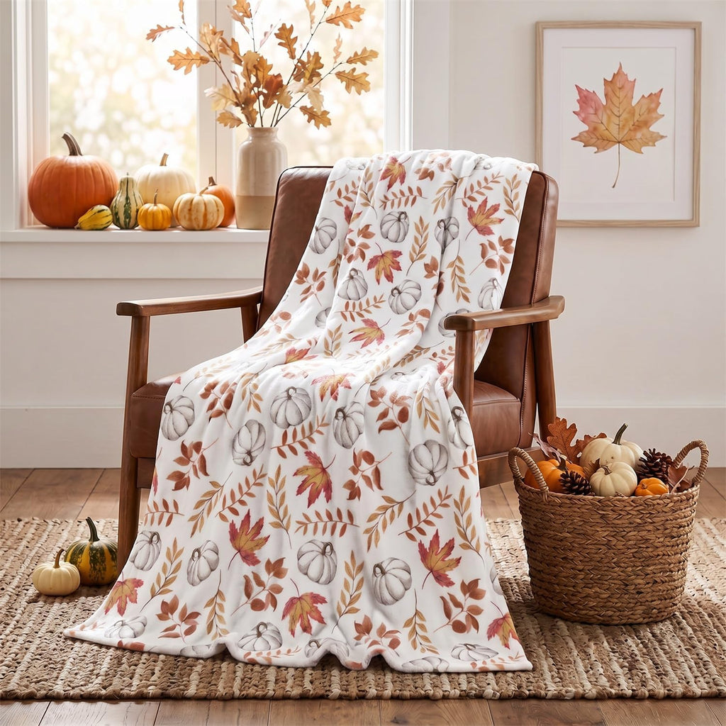 Horaldaily Fall White Pumpkin Orange Leaves Flannel Throw Blanket 50x60