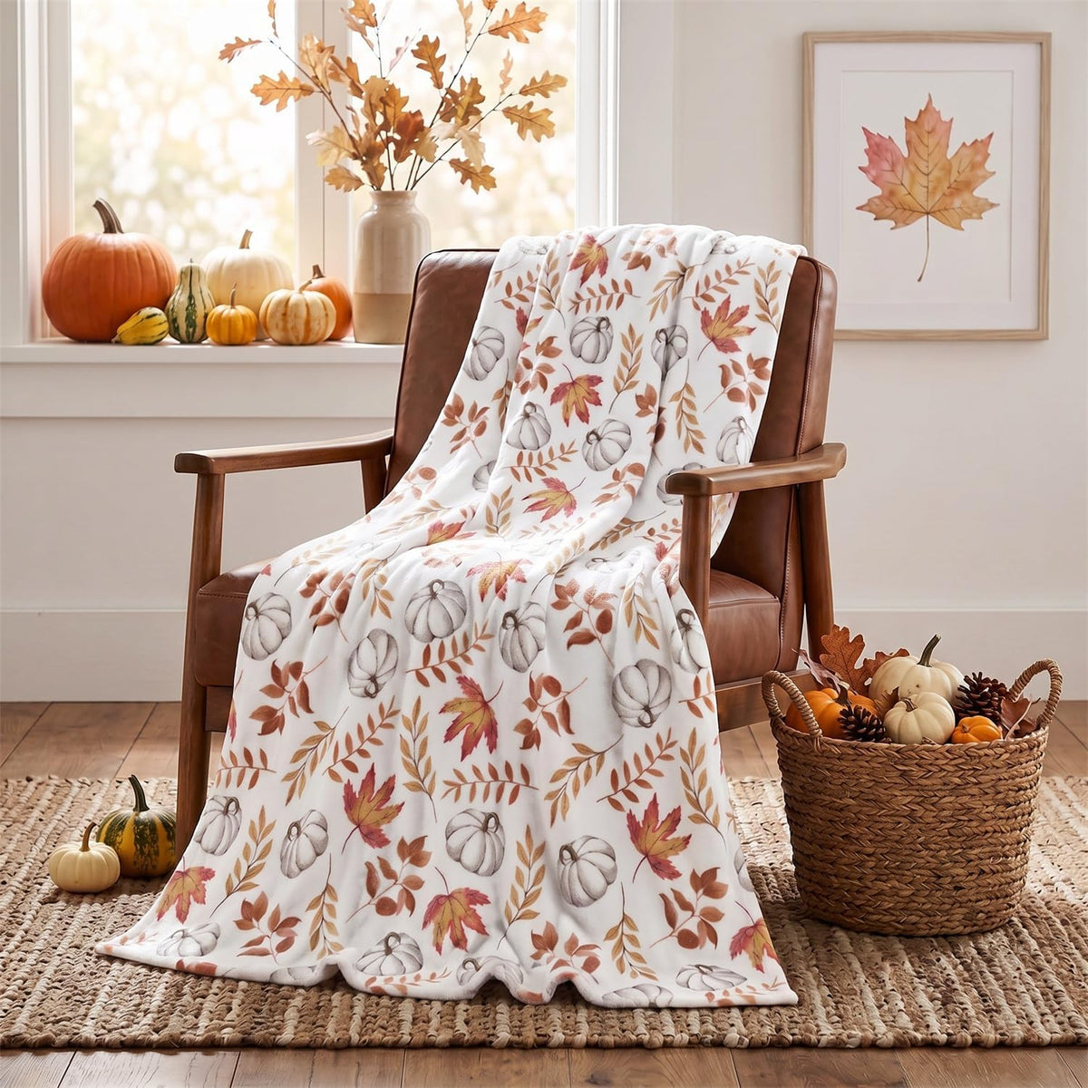 Horaldaily Fall White Pumpkin Orange Leaves Flannel Throw Blanket 50x60