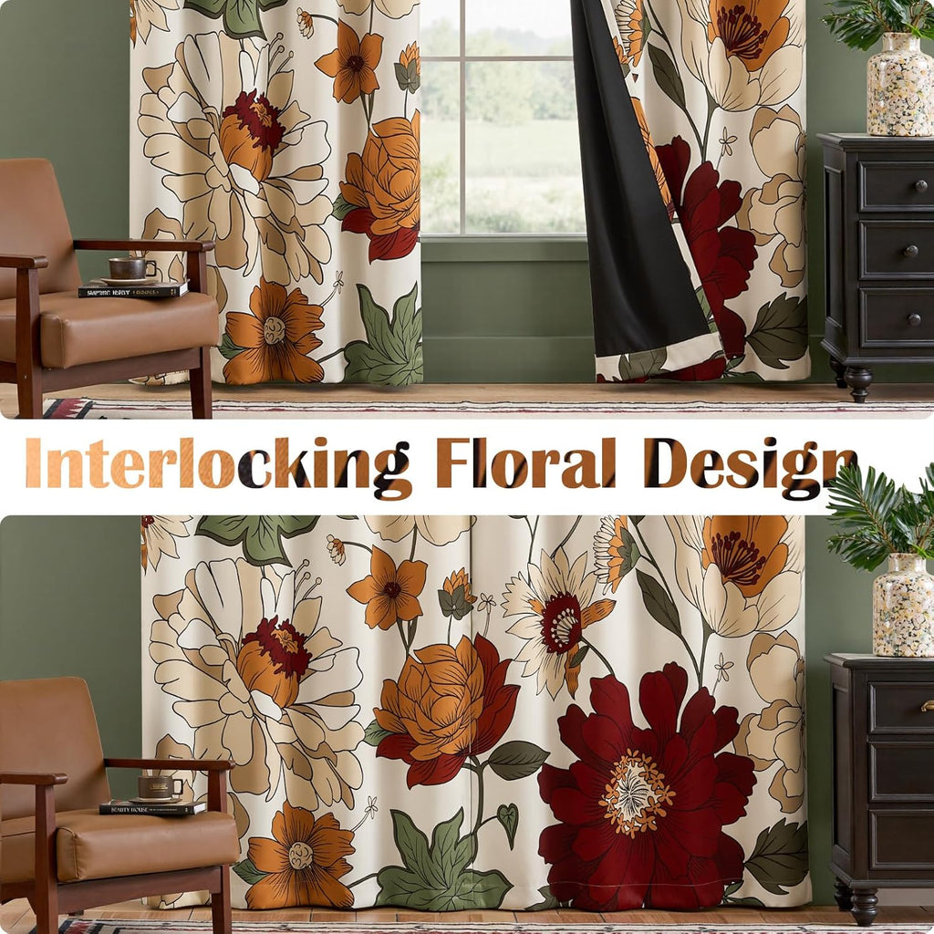 jinchan Beige Boho Floral Blackout Curtains 84 Inch Grommet 4 Panels