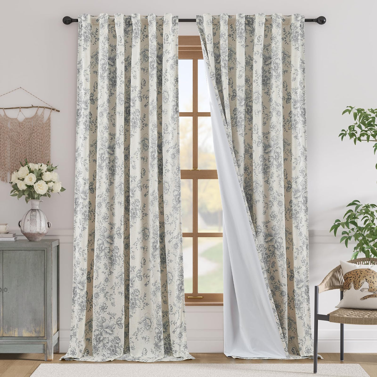 jinchan Vintage Floral Linen Curtains 84 Long for Living Room 2 Panels