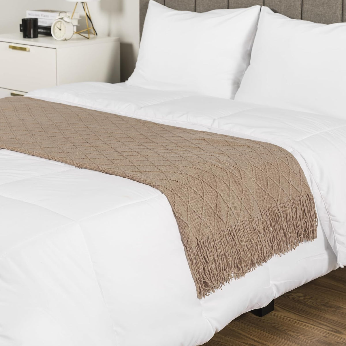 PAVILIA Tan Taupe Knit Throw Blanket, Soft Knitted Farmhouse, 50x60