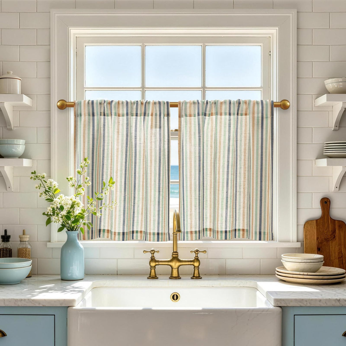 jinchan Striped Linen Kitchen Curtains 36 Inches Length Tier Curtains Farmhouse Modern Cafe Style Small Window Treatments Airy Light Filtering Rod Pocket for Living Room Bathroom 2 Panels Sage Green