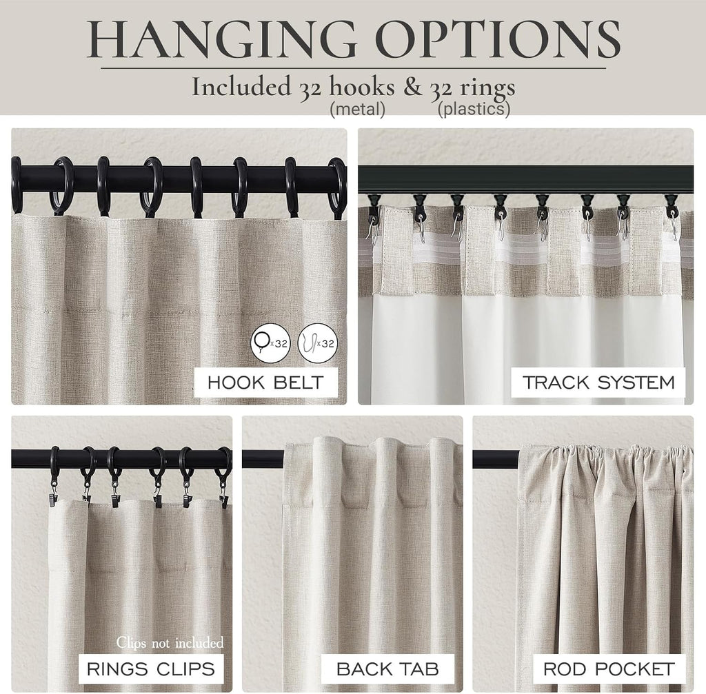 100% Blackout Curtains 84 Inch Length 2 Panels Set Farmhouse Style for Bedroom Windows/Living Room Thermal Insulated Neutral Boho Drapes Linen Blend Natural Ivory 7ft Long Hook Belt Pleated/Back Tab