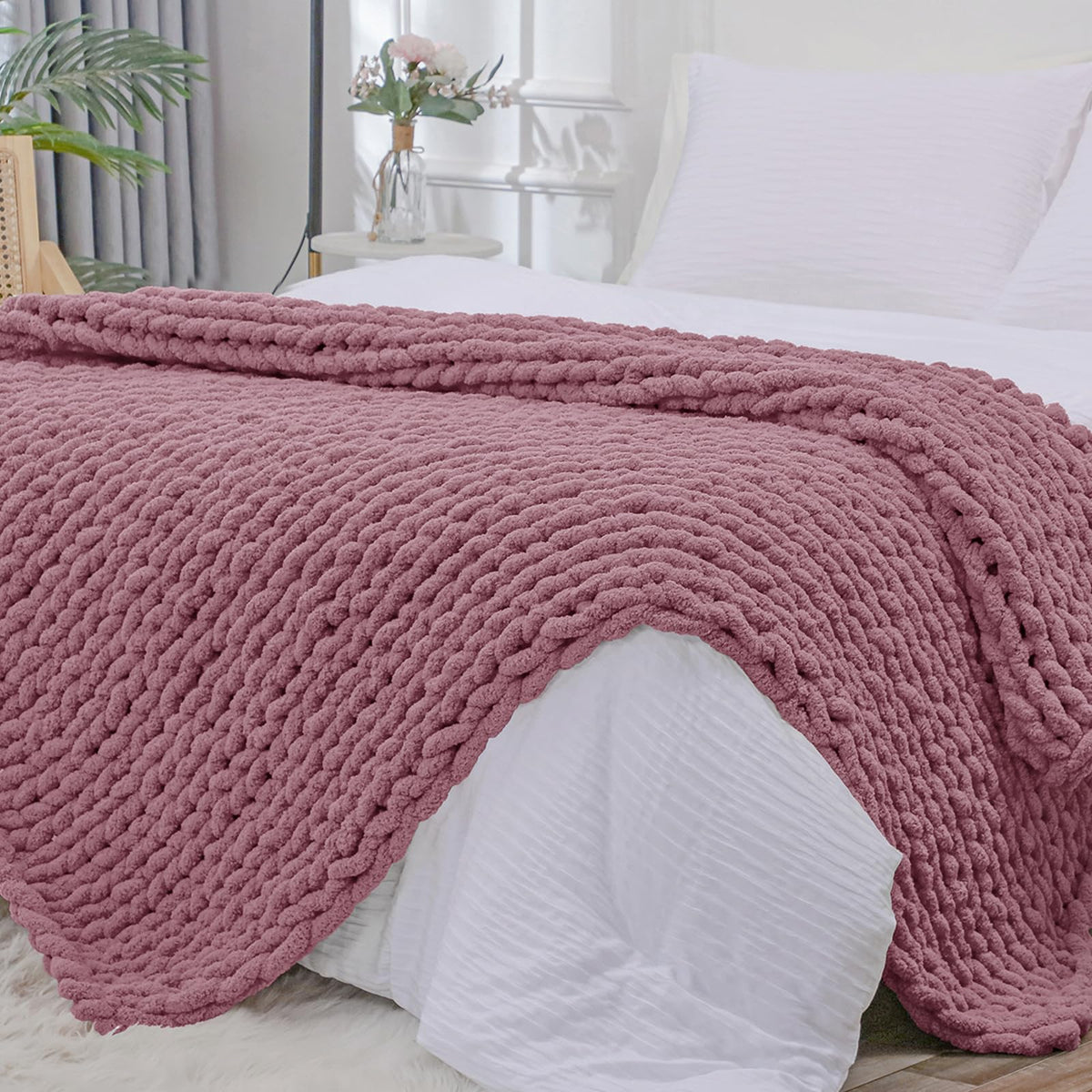 Bigacogo Chunky Knit Throw Blanket for Couch, 40x60 inches, Beige