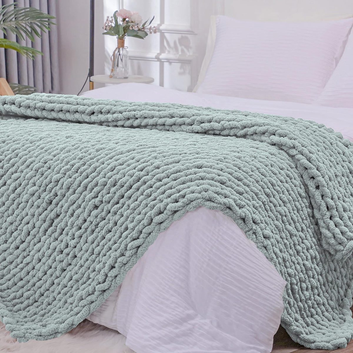 Bigacogo Chunky Knit Throw Blanket for Couch, 40x60 inches, Beige